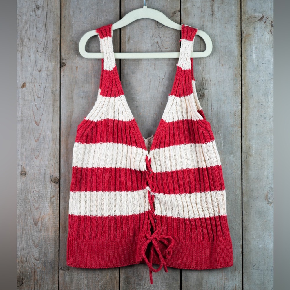 NWT En Crème Red & Cream Striped Knit Tie Front Top Size S M L